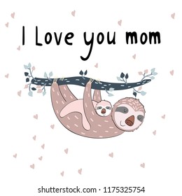 Baby shower cards. Vector sloth mom and baby