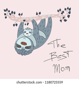 Baby shower cards. Vector sloth mom and baby