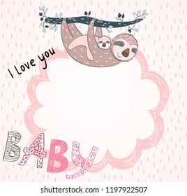 Baby shower cards. Vector sloth mom and baby
