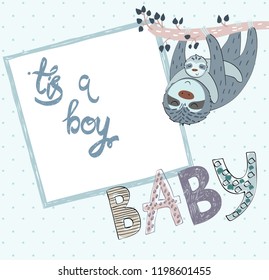 Baby shower cards. Vector sloth mom and baby