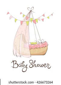 Baby shower card/Suspended cradle with a baby girl