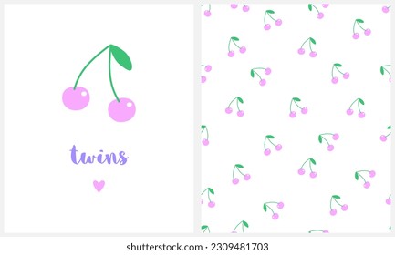 Baby Shower Card.Twins. Cute Cherries Seamless Vector Patterns. Pink Cherry with Green Leaves Isolated on a White Background. Lovely Nursery Art Ideal for Card, Wrapping Paper. Funny Fruits Print.