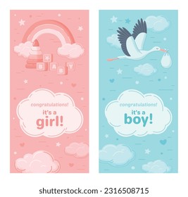 Baby shower cartoon invitation set with boy and girl birth symbols isolated vector illustation