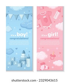 Baby shower cartoon invitation set with boy and girl birthday symbols isolated vector illustration