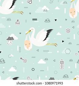 Baby shower. Cartoon storks  with babies. Cute vector seamless pattern. All elements are  hidden under mask. Pattern are not cropped and can be edited.