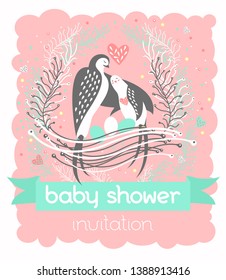 Baby Shower celebration or birthday invitation card. Swallow family in the nest with eggs. Cute Vector design