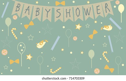 Baby Shower Celebration Card Design with birds, festive balloons, candy, bows, buttons, etc. Baby Shower Collection. Vector Illustration