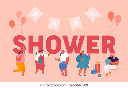 Baby Shower Celebration Concept. Characters Visiting Pregnant Woman in Room Decorated with Balloons and Garlands Giving Presents to Girl Poster Banner Flyer Brochure. Cartoon Flat Vector Illustration