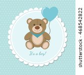 Baby shower celebration, happy birthday, greeting and invitation card. Cute teddy bear with heart balloon. Vector illustration in cartoon style
