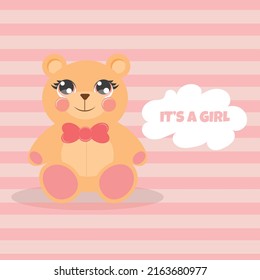 Baby shower celebration, happy birthday, greeting and invitation card. Cute teddy bear with heart balloon. Vector illustration in cartoon style