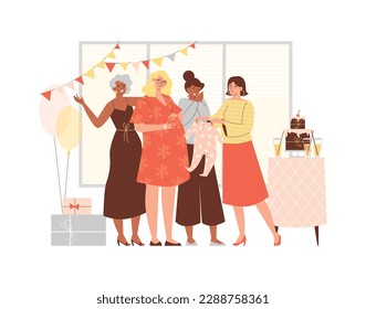 Baby shower celebration scene with friends giving gifts to expectant mother, flat vector illustration isolated on white background. Baby Shower party to expected child.