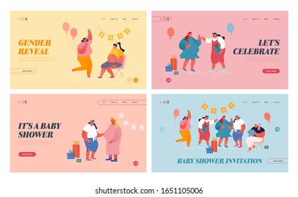 Baby Shower Celebration Website Landing Page Set. Young Woman Giving Child Clothing to Pregnant Girl in Room Decorated with Balloons and Garlands Web Page Banner. Cartoon Flat Vector Illustration