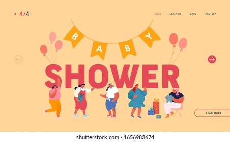 Baby Shower Celebration Website Landing Page. Characters Visit Pregnant Woman in Room Decorated with Balloons and Garlands Giving Presents to Pregnant Web Page Banner. Cartoon Flat Vector Illustration