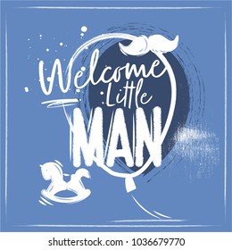 Baby Shower Chalk Poster Baloon - Welcome Little Boy.  Blue Background