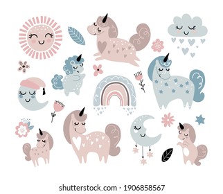 Baby shower character set Family of cute unicorns in boho design and delicate colors, sun, crescent and cloud with face. Flat vector illustration isolated on white background