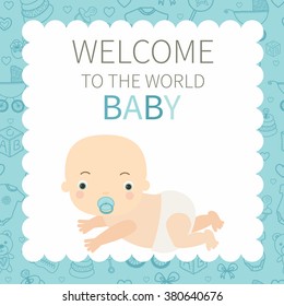 Baby shower. Child. Baby. Cute little baby boy. Seamless pattern with different hand- drawn  baby goods on background. Pattern are not cropped and can be edited.  All elements are  hidden under mask
