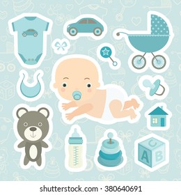 Baby shower. Child. Baby. Cute little baby boy. Seamless pattern with different hand- drawn  baby goods on background. Pattern are not cropped and can be edited.  All elements are  hidden under mask