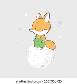 Baby shower childish print with cute baby fox and space planets. 