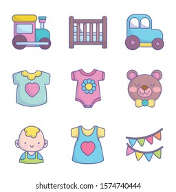 baby shower clothes toys accessories icons collection on white background vector illustration