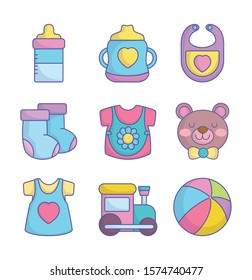 baby shower clothes toys accessories icons collection on white background vector illustration baby shower clothes toys accessories icons collection on white background vector illustration