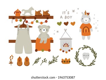 Baby shower collection in boho style with cloth, toys and decoration elements.  Essentials things for boy. Must haves for newborn baby. Childish vector illustration 