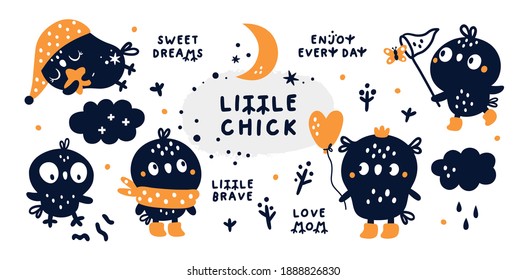 Baby shower collection with cute little chick character. Creative kids clip art with cartoon bird. Design elements for newborn baby. Ideal for child room decoration, clothing, prints, anniversary