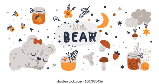 Baby shower collection with cute teddy bear character. Creative kids clip art with forest animal. Design elements for baby. Ideal for child room decoration, clothing, prints, anniversary