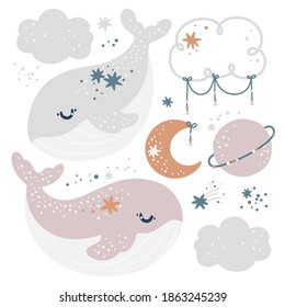 Baby shower collection with cute whales, stars, clouds, moon, planet on white background. Kids set eps10 with cute animals for decoration