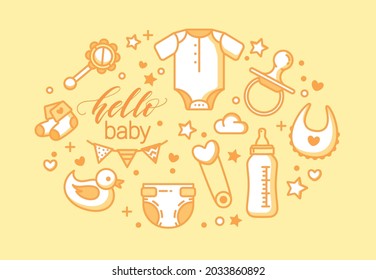 Baby Shower Collection Icons. Baby Arrival Cartoon Vector Illustration