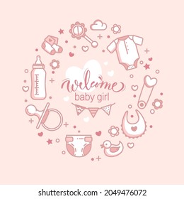 Baby Shower Collection Icons. Baby Arrival Cartoon Vector Illustration