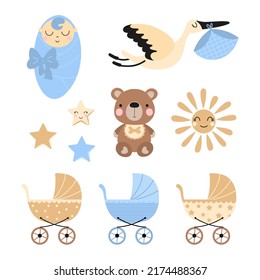 Baby shower collection. Stork baby stroller and other symbols isolated on white background. Vector elements for Invitations cards or nursery decor.