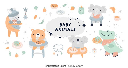 Baby Shower Collection With Vector Cartoon Doodle Elements For The Design. Baby Animals, Bunny, Rabbit, Bear, Koala, Crocodile, Food, Meal. First Food For Kids. Feeding Baby On Chair