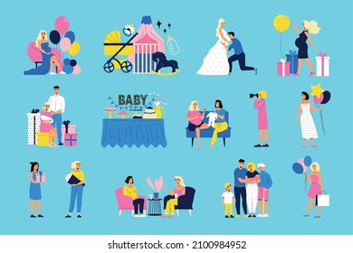 Baby shower color set with sip and see symbols flat isolated vector illustration