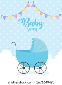 Baby shower concept, blue pram among clouds and pennants, dotted background.  Vector illustration.