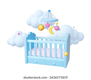 Baby shower concept. Newborn 3d elements, cot, mobile with toys and clouds. Congratulation postcard design, realistic childish vector objects