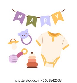 Baby shower concept. Newborn clothing, bodysuit, toys,milk bottle.