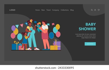 Baby shower concept. Soon-to-be mother surrounded by loved ones, celebration with balloons and thoughtful presents for awaited arrival. A tender moment of joy. Flat vector illustration