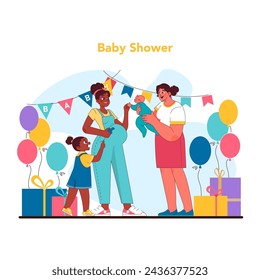 Baby shower concept. Soon-to-be mother surrounded by loved ones, celebration with balloons and thoughtful presents for awaited arrival. A tender moment of joy. Flat vector illustration