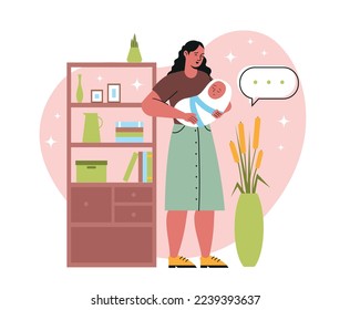 Baby shower concept. Young woman holds her newborn baby in her arms. Mother celebrates birth of son or daughter. Sip and See event. Parent introduces child to home. Cartoon flat vector illustration