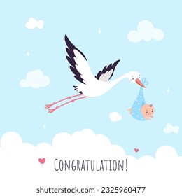 Baby shower congratulations printable card. Cartoon stork bring cute newborn baby. Flying bird and child, boy or girl party, nowaday vector banner