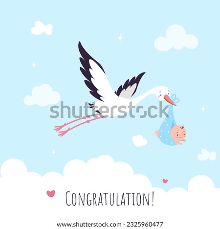 Baby shower congratulations printable card. Cartoon stork bring cute newborn baby. Flying bird and child, boy or girl party, nowaday vector banner 商業照片 © 