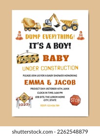 Baby Shower with Construction theme watercolor invitation card background template for baby and kids birth celebration