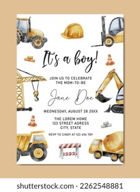 Baby Shower with Construction theme watercolor invitation card background template for baby and kids birth celebration