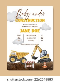 Baby Shower with Construction theme watercolor invitation card background template for baby and kids birth celebration