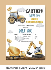 Baby Shower with Construction theme watercolor invitation card background template for baby and kids birth celebration