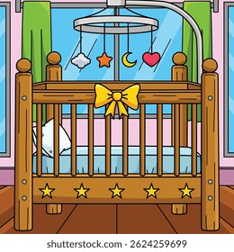 Baby Shower Crib Colored Cartoon Illustration 