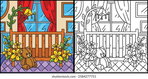 Baby Shower Baby Crib Coloring Page Illustration
