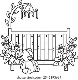 Baby Shower Baby Crib Isolated Coloring Page 