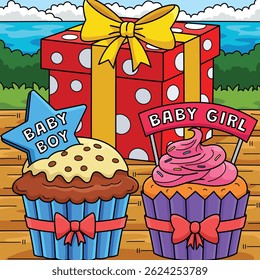Baby Shower Cupcakes and Gifts Colored Cartoon 