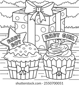 Baby Shower Cupcakes and Gifts Coloring Page 